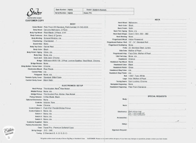 Spec Sheet for Suhr Pete Thorn Signature Garnet Red Electric Guitar