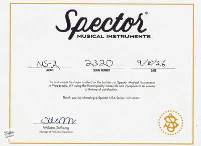 Certificate of Authenticity for Spector NS 2 4 String Neck Thru Northern Lights Electric Bass