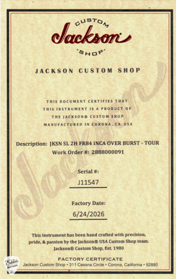 Certificate of Authenticity for Jackson Custom Shop SL2H Soloist Inca Silver over Sunburst Tour Relic Electric Guitar