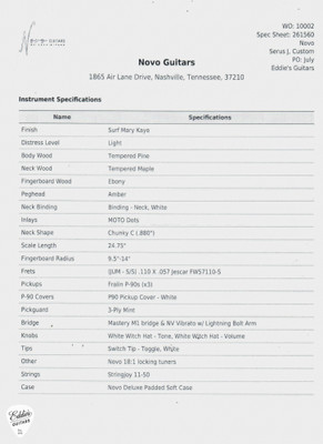 Spec Sheet for Novo Serus J Custom Surf Mary Kaye Electric Guitar