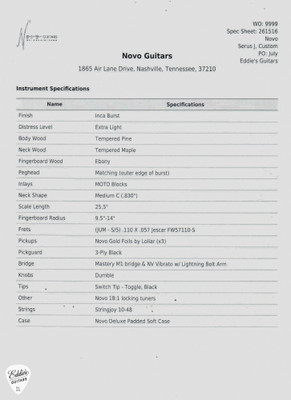 Spec Sheet for Novo Serus J Custom Inca Burst Electric Guitar