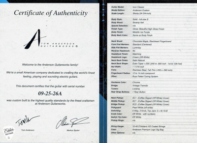 Certificate for Authenticity for Tom Anderson Icon Classic Shorty Metallic Ice Purple Electric Guitar