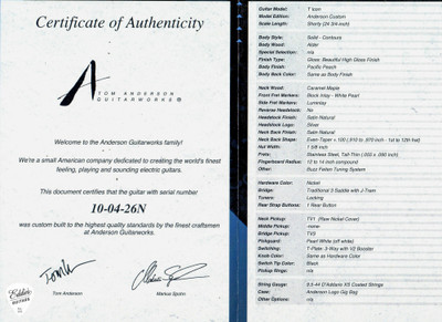 Certificate of Authenticity for Tom Anderson T Icon Shorty Pacific Peach Electric Guitar