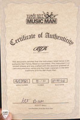 Certificate of Authenticity for Ernie Ball Music Man BFR Majesty 7 Chocolate Grizzle Electric Guitar