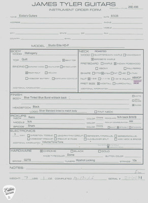 Spec Sheet for James Tyler Studio Elite HD P Blue Tinted Blue Burst Electric Guitar