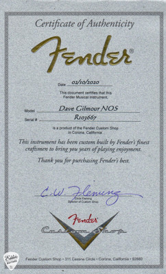 COA for 2020 Fender Custom Shop David Gilmour Signature Stratocaster NOS Electric Guitar in Black