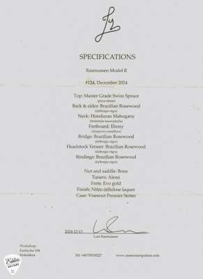Spec Sheet for 2024 Lars Rasmussen Model R Acoustic Guitar with Swiss Moon Spruce and Brazilian Rosewood