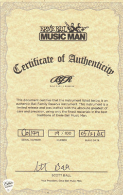 Ernie Ball Music Man BFR JP15 – Solar Flare #19 of 100 Certificate