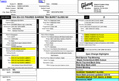 Gibson Custom Shop PSL '64 ES-335 Figured Reissue Gloss Sunrise Tea Burst 7.13 #150085