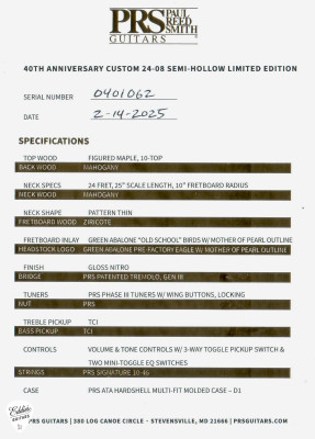 Paul Reed Smith 40th Anniversary Custom 24-08 Semi-Hollow Limited Edition – Faded Whale Blue Smokeburst Spec Sheet
