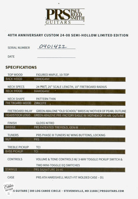Paul Reed Smith 40th Anniversary Custom 24-08 Semi-Hollow Limited Edition – Charcoal Cherry Burst Spec Sheet