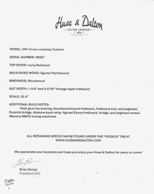 Huss & Dalton OM Custom - Curly Redwood & Figured Myrtlewood Acoustic Guitar