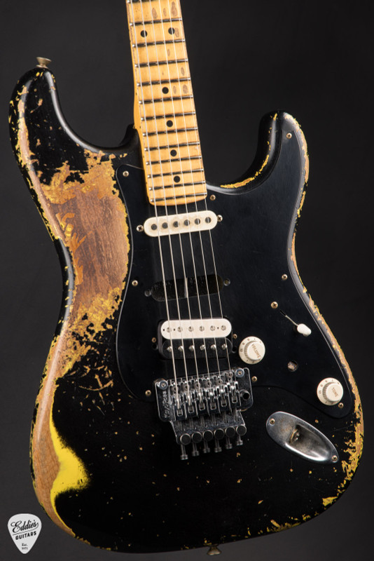 Fender Custom Shop Master Built 1957 Stratocaster Ultra Relic Electric Guitar in Black Over Graffiti Yellow