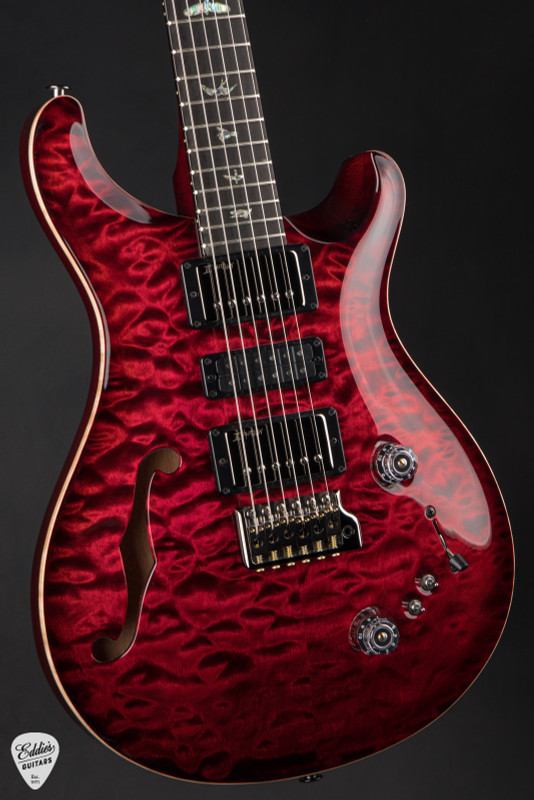 PRS Eddie's Guitars Wood Library Special Semi Hollow Quilt/Stained Maple Neck Fire Red Burst electric guitar