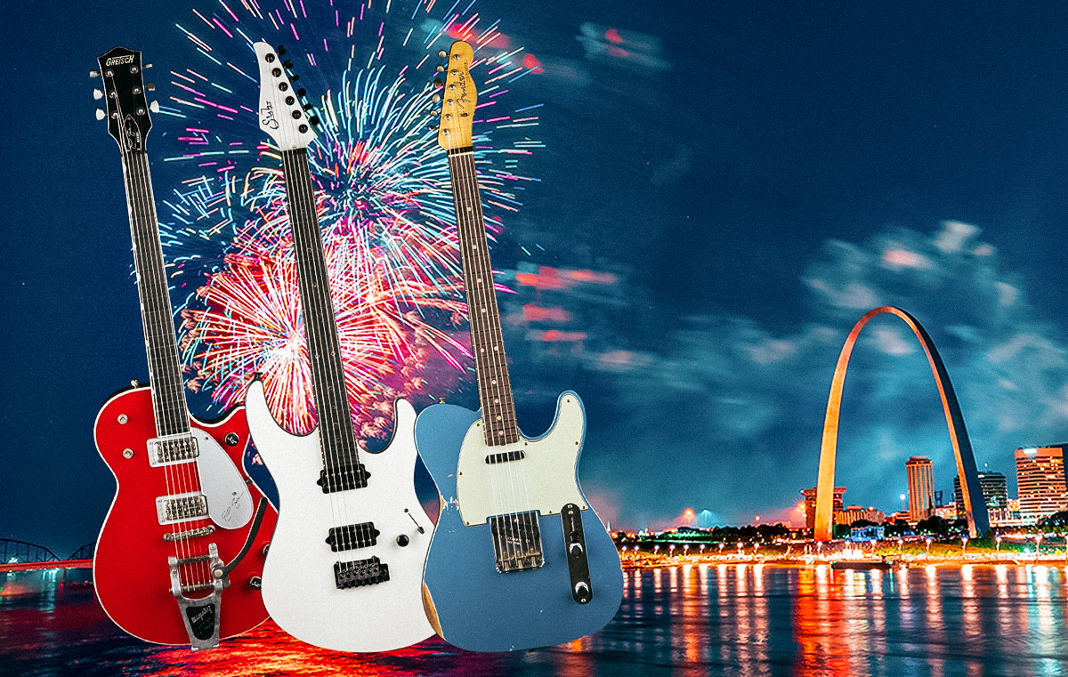 Red White and Blue Guitars in front of the Arch