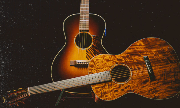 Two Bourgeois Acoustic Guitars in the dark