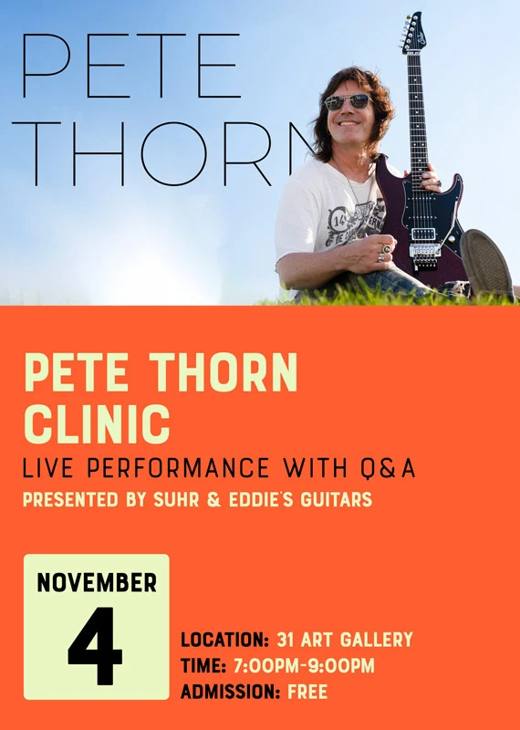 Pete Thorn Holding a Guitar with Event Info