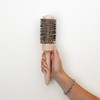 Hapi High Heat Harmony Thermal 1.75" Seamless ceramic Barrel, Carbon and ionic dual shaped infused high heat bristles, Blend of straight and wavy bristles allow for styling tension and polishing setting, Straight bristles=polished, Wavy bristles=tension, Created for Medium Hair Length (pass the shoulder & layers), in hand