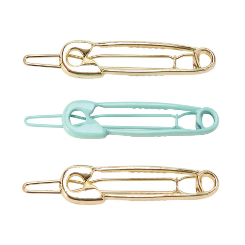 Image of Three Safety Pin Barrettes, Two Gold and One Mint Green Image of Three Safety Pin Barrettes, Two Gold and One Mint Green