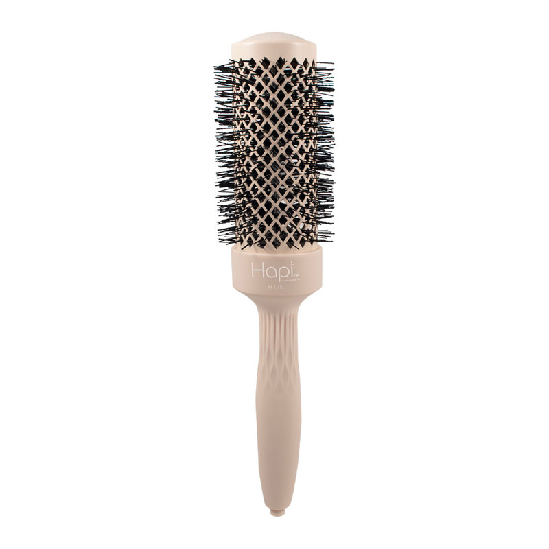 Hapi High Heat Harmony Thermal 1.75" Seamless ceramic Barrel, Carbon and ionic dual shaped infused high heat bristles, Blend of straight and wavy bristles allow for styling tension and polishing setting, Straight bristles=polished, Wavy bristles=tension, Created for Medium Hair Length (pass the shoulder & layers)