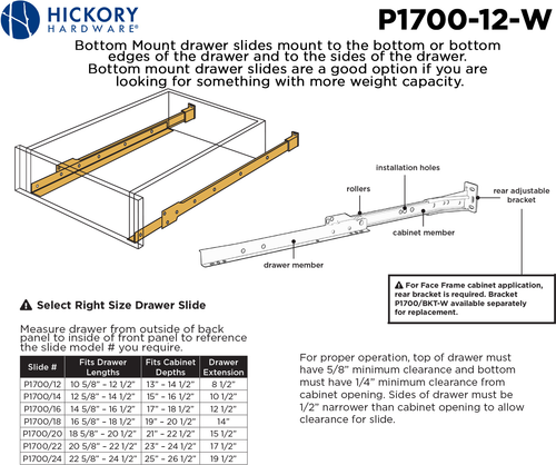 Drawer Slides Drawer Slide Bottom Mount 3/4 Extension 12'' White Finish P1700/12-W
