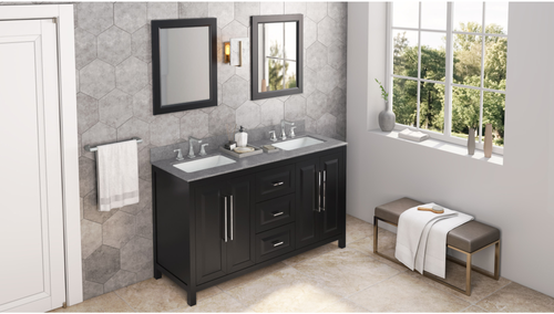 Cade 60'' Black Vanity, double bowl, Steel Grey Cultured Marble Vanity Top, two undermount rectangle bowls VKITCAD60BKSGR