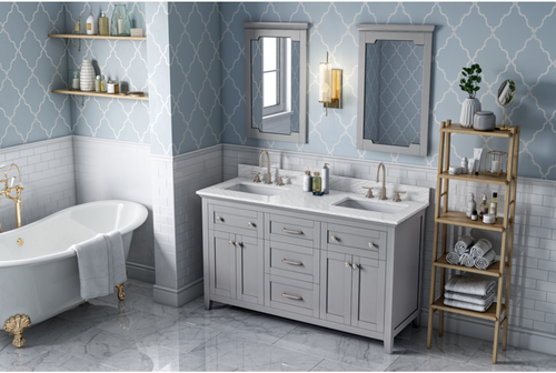 Chatham 60'' Grey Vanity, double bowl, White Carrara Marble Vanity Top, two undermount rectangle bowls VKITCHA60GRWCR