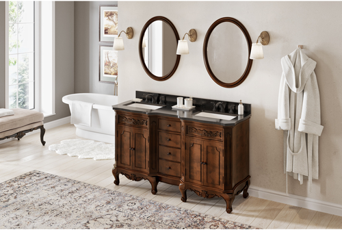 Clairemont 60'' Nutmeg Vanity, double bowl, -only Black Granite Vanity Top, two undermount rectangle bowls VKITCLA60NUBGR