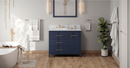 Katara 42'' Hale Blue Vanity, left offset, White Carrara Marble Vanity Top, undermount rectangle bowl VKITKAT42BLWCR