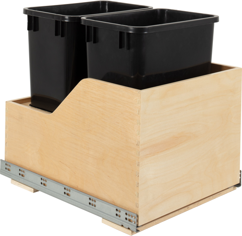 Double 35 Quart Wood Bottom-Mount Soft-close Trashcan Rollout for Hinged Doors, Includes Two Black Cans CAN-WBMD3518B