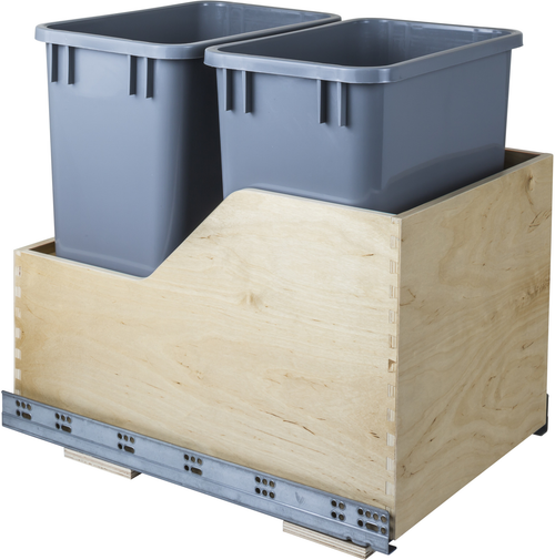 Double 35 Quart Wood Bottom-Mount Soft-close Trashcan Rollout for Hinged Doors, Includes Two Grey Cans CAN-WBMD35G