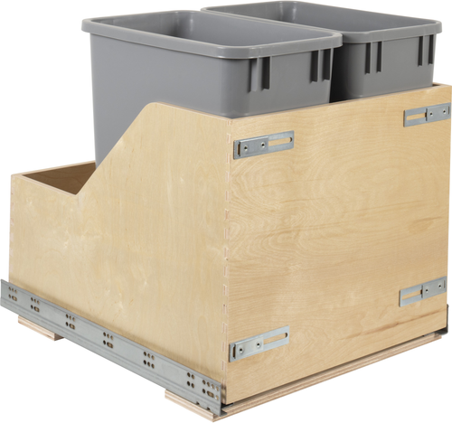 Double 35 Quart Wood Bottom-Mount Soft-close Trashcan Rollout for Door Mounting, Includes Two Grey Cans and Door Joining Bracket CDM-WBMD3521G