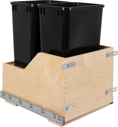 Double 50 Quart Wood Bottom-Mount Soft-close Trashcan Rollout for Door Mounting, Includes Two Black Cans CDM-WBMD5018B