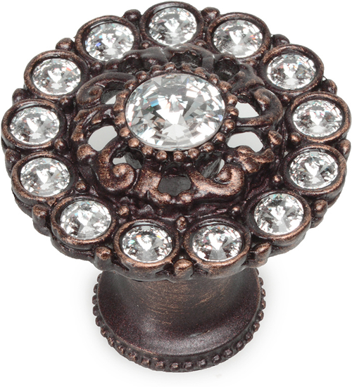 Caché large round knob with flared foot with Swarovski Clear Crystals in Antique Brass. 1203B-22C