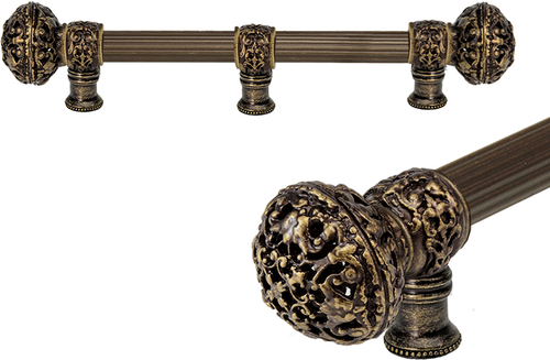 Juliane Grace 9'' cc with 5/8'' reeded center long pull & center brace large finial in Antique Brass. 5606R-3