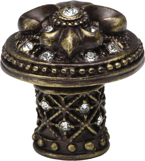 Versailles 7609-3C Antique Brass large round knob Fleur De Lys decorative column foot w/ Swarovski crystals 7609-3C
