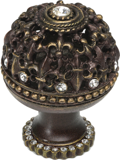 Versailles 7612H-3C Antique Brass large round knob Fleur De Lys open basket w/ Swarovski Crystals and halo platform 7612H-3C