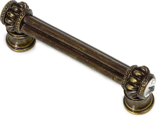 Caché double 3'' cc pull with flared foot with 2 rivoli Swarovski Clear Crystals in Antique Brass. 861B-3C