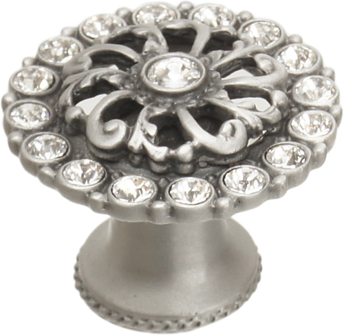 Caché medium round knob with flared foot with Swarovski Clear Crystals in Satin. 873-11C