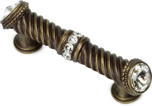 Caché 3'' cc large pull with end & center 7 rivoli Swarovski Clear Crystals in Antique Brass. 878-3C