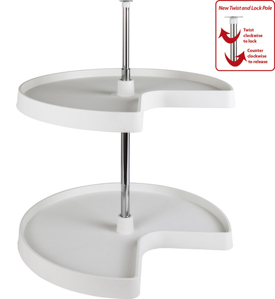 24'' Diameter Kidney Plastic Lazy Susan Set with Twist And Lock Pole PLSK224  in White