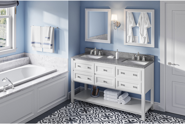 Adler 60'' White Vanity, double bowl, Boulder Cultured Marble Vanity Top, two undermount rectangle bowls VKITADL60WHBOR