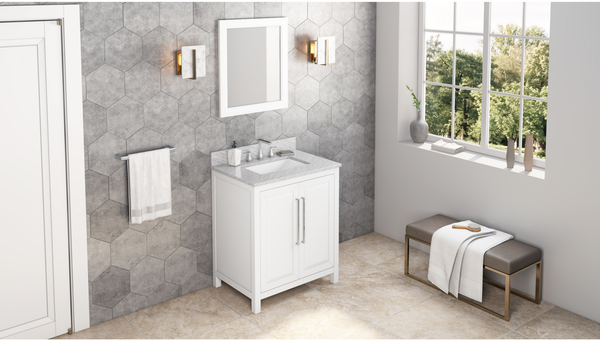 Cade 30'' White Vanity, White Carrara Marble Vanity Top, undermount rectangle bowl VKITCAD30WHWCR