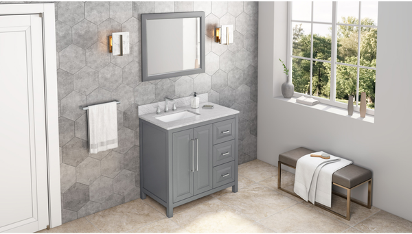 Cade 36'' Grey Vanity, left offset, White Carrara Marble Vanity Top, undermount rectangle bowl VKITCAD36GRWCR