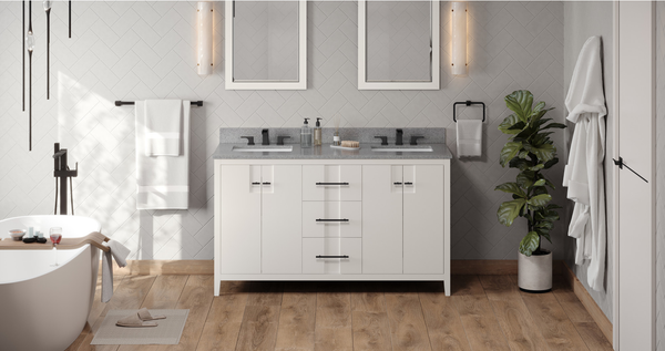 Katara 60'' White Vanity, double bowl, Steel Grey Cultured Marble Vanity Top, two undermount rectangle bowls VKITKAT60WHSGR Katara 60'' White Vanity, double bowl, Steel Grey Cultured Marble Vanity Top, two undermount rectangle bowls VKITKAT60WHSGR