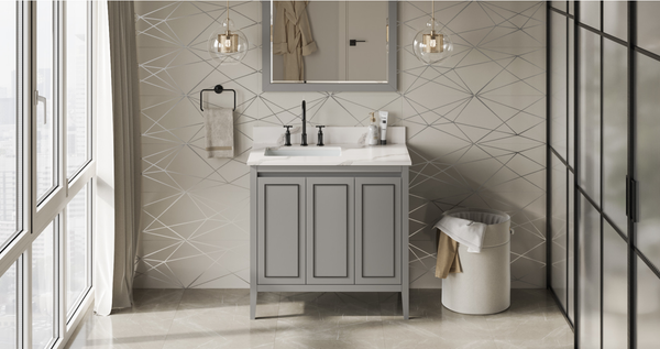 Percival 36'' Grey Vanity, left offset, Calacatta Vienna Quartz Vanity Top, undermount rectangle bowl VKITPER36GRCQR