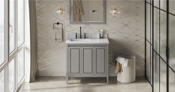 Percival 36'' Grey Vanity, left offset, White Carrara Marble Vanity Top, undermount rectangle bowl VKITPER36GRWCR