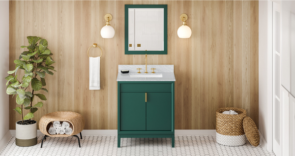 Theodora 30'' Forest Green Vanity, White Carrara Marble Vanity Top, undermount rectangle bowl VKITTHE30GNWCR Theodora 30'' Forest Green Vanity, White Carrara Marble Vanity Top, undermount rectangle bowl VKITTHE30GNWCR
