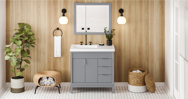 Theodora 36'' Grey Vanity, left offset, Lavante Cultured Marble Vessel Vanity Top , integrated rectangle bowl VKITTHE36GRLAR