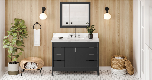 Theodora 48'' Black Vanity, Calacatta Vienna Quartz Vanity Top, undermount rectangle bowl VKITTHE48BKCQR